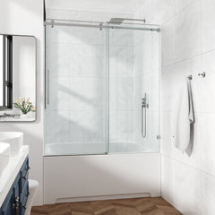 72*76"Fixed & Sliding Shower Door, Square Tube Hardware, Clear Glass Shower Door, 3/8″ (10mm) SGCC Tempered Glass, Stainless Steel