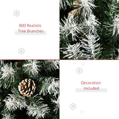 HOMCOM 6ft Unlit Snow-Dusted Full Fir Artificial Christmas Tree with Realistic Branches, 61 Pine Cones and 800 Tips
