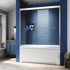 Chrome 56-60 in. W x 62 in.H Sliding Glass Tub Door Semi Frameless Double Bathtub Door, Certified Thick Clear Clear Tempered Glass, 304 Stainless Steel Handles.