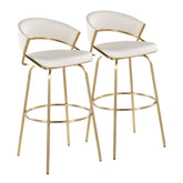 Jie 30" Fixed-Height Contemporary Barstool with Swivel in Gold Metal and White Faux Leather with Round Metal Footrest by LumiSource - Set of 2