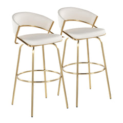 Jie 30" Fixed-Height Contemporary Barstool with Swivel in Gold Metal and White Faux Leather with Round Metal Footrest by LumiSource - Set of 2
