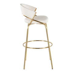 Jie 30" Fixed-Height Contemporary Barstool with Swivel in Gold Metal and White Faux Leather with Round Metal Footrest by LumiSource - Set of 2