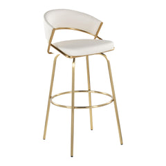 Jie 30" Fixed-Height Contemporary Barstool with Swivel in Gold Metal and White Faux Leather with Round Metal Footrest by LumiSource - Set of 2