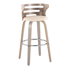 Cosini 30" Mid-Century Modern Fixed-Height Barstool with Swivel in Light Grey Wood and Cream Faux Leather with Round Chrome Metal Footrest by LumiSource - Set of 2