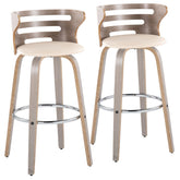 Cosini 30" Mid-Century Modern Fixed-Height Barstool with Swivel in Light Grey Wood and Cream Faux Leather with Round Chrome Metal Footrest by LumiSource - Set of 2