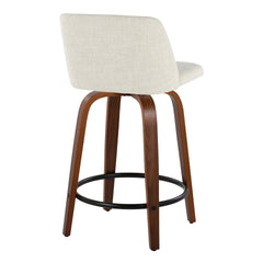 Toriano 24" Mid-Century Modern Fixed-Height Counter Stool with Swivel in Walnut Wood and Cream Fabric with Round Black Metal Footrest by LumiSource - Set of 2