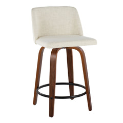 Toriano 24" Mid-Century Modern Fixed-Height Counter Stool with Swivel in Walnut Wood and Cream Fabric with Round Black Metal Footrest by LumiSource - Set of 2