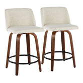 Toriano 24" Mid-Century Modern Fixed-Height Counter Stool with Swivel in Walnut Wood and Cream Fabric with Round Black Metal Footrest by LumiSource - Set of 2