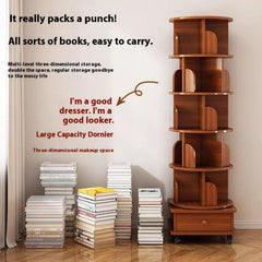 (UPGRADED) Rotating Bookshelf, 360 Display Corner Bookshelf for Small Space, 6 Tier Bookcase Storage Rack with Wheels, Wood Narrow Organizer for Bedroom, Living Room, Study Room, Walnut Brown ( Xmas )