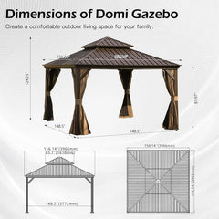 13x13FT Outdoor Gazebo, Hardtop Gazebo with Galvanized Steel Double Roof, Metal Gazebos with Drainage System Patio Pergola for Patio Deck Backyard,Curtain and Netting,Brown