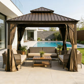 13x13FT Outdoor Gazebo, Hardtop Gazebo with Galvanized Steel Double Roof, Metal Gazebos with Drainage System Patio Pergola for Patio Deck Backyard,Curtain and Netting,Brown