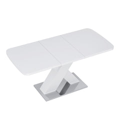 Modern Rectangle Dining Table, Stretchable, White Table Top+MDF X-Shape Table Leg with Metal Base