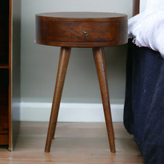 Nordic Chestnut Circular Nightstand, Nordic Legs, 1-Drawer