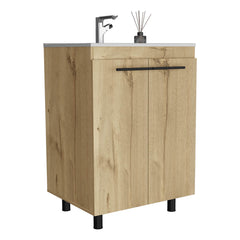 Free Standing Sink Cabinet, Four Legs, Double Door Cabinet, Two Shelves, Light Oak