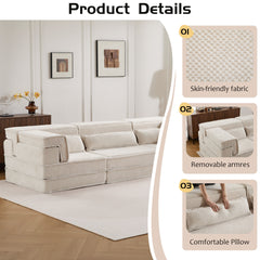Compression Mahjong Sofa,Convertible Floor Sofa Bed,DIY Boneless Modular Sectional Sofa,No Assembly Required,Circle fleece fabric,Oversized 4 Seater with 3 Pillows,White