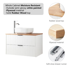 32-Inch Double Drawer Wall-Mounted Bathroom Vanity,White Cabinet + Solid Wood Natural Top,Square Art Ceramic Sink + White Round Mirror,Modern Minimalist Design, Combining Functionality and Style