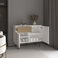 Tori 39" Wide Console Table With Two Cabinets, One Drawer and Four Shelves, White - Natural Oak