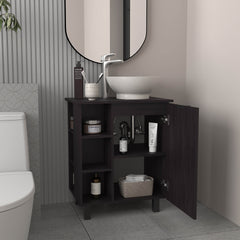 Allegra Vessel Sink Vanity With One Door Storage And Open Shelves, Freestanding Bathroom Cabinet, Black