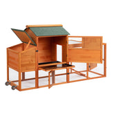 Portable Mobile Chicken Coop with Nesting Box, Sleeping Room, Run, Window, Sun Board, Doors, Pull-Out Tray, Wheels, Outdoor Backyard Pen for Small Animals, Orange with Colorful Patterns
