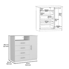 4 Drawer Dresser, One Open Shelf, Superior Top, Single Door Cabinet, White
