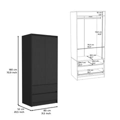 Armoire, Wardrobe Closet with Two Drawers, Hanging Rod, Black