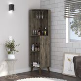 Corner Bar Cabinet, Two External Shelves, One Drawer, Two Interior Shelves, Dark Brown