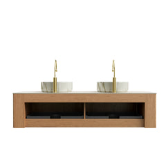 DINA 60" Bathroom Vanity&Sink, Floating Curved Edge Stripe Cabinet with Drawers, 2 Round Ceramic Basins with Stone Pattern&Travertine-Pattern Sintered Stone Top, Pre-assembled, Natural Woodgrain Color