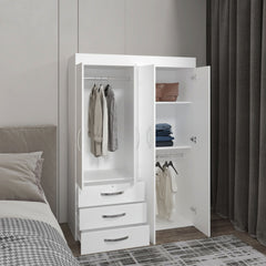 Denver Adjustable Armoire, Rods, Double Door Cabinet, Three Drawers, Two Shelves White