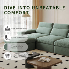 This simple modular sofa is made of down and linen, with a backrest that can be adjusted backward. It is soft and comfortable, has storage space, and is suitable for both living rooms and bedrooms