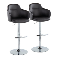 Boyne Contemporary Adjustable Barstool with Swivel in Chrome Metal and Black Faux Leather with Rounded T Footrest by LumiSource - Set of 2