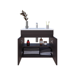 Chaux Floating, Wide Double Door Vanity, With Resin Sink And Two Shelves, Bathroom Storage, Black