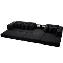 Oversize Cloud Sectional Couch, L-Shape Sofa, Convertible Floor Sleeper Sofa Bed, No Assembly,Eight pillows,3-in-1,Magazine bag,(Right Facing Sofa),Corduroy,Black