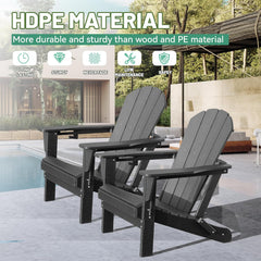 Adirondack Chairs Set of 2, Plastic Adirondack Chair, Adirondack Chairs, HDPE Adirondack Chair, Folding Adirondack Chairs, Outdoor Chairs with Cup Holder for Lawn Patio Deck Fire Pit -Gray