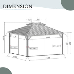 12' X 14' Hardtop Gazebo Permanent Aluminum Outdoor Gazebo with Galvanized Steel Double Roof, Drainage Gutters, Curtains, and Netting for Party, Wedding, Dining