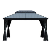 10'x14' Hardtop Gazebo with Resin Roof, Outdoor Metal Gazebo with Drainage Gutters, Permanent Heavy Duty Pavilion for Patio, Backyard and Deck, Curtains and Mosquito Netting Included
