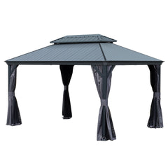 10'x14' Hardtop Gazebo with Resin Roof, Outdoor Metal Gazebo with Drainage Gutters, Permanent Heavy Duty Pavilion for Patio, Backyard and Deck, Curtains and Mosquito Netting Included