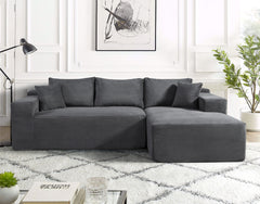 2-Piece Convertible Corduroy L-Shaped Sofa in a Box with Pillows, 3-Seater Modular Sectional Couch, Compressed Living Room Furniture, Dark Grey (Right Facing)
