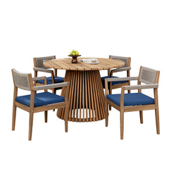 Patio Set Outdoor Acacia Wood Furniture Sets- Braided Dining Chairs(With Navy Cushion)and Patio Dining Table for Garden, Patio & Deck (Teak Look & Beige Rope)