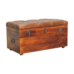 Solid Wood Buffalo Leather Upholstered Hide Chestnut Storage Trunk, Tan & Brown
