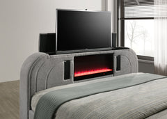 Shelyn Gray Teddy Sherpa & Chrome EK Bed w/Led, TV Stand, Fireplace & Bluetooth