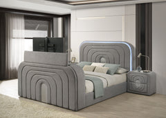 Shelyn Gray Teddy Sherpa & Chrome EK Bed w/Led, TV Stand, Fireplace & Bluetooth