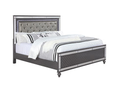 Modern Glam Style Upholstered Headboard Button Tufting Glass Inlay 1pc Queen Size Panel LED Lights Bed Gray Faux Leather Finish Solid Wood Wooden Bedroom Furniture