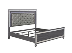 Modern Glam Style Upholstered Headboard Button Tufting Glass Inlay 1pc Queen Size Panel LED Lights Bed Gray Faux Leather Finish Solid Wood Wooden Bedroom Furniture