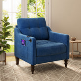 Accent Comfy Chenille Chair w/USB charging port,Mid+,Soft+,High-support Rebound Sponge,Ergonomic Wide Backrest,Retro Wooden Legs, Comfy Upholstered Arm Chair w/Side Storage for Living Room Bedroom.