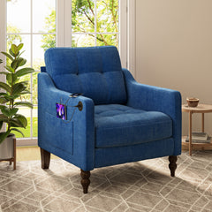 Accent Comfy Chenille Chair w/USB charging port,Mid+,Soft+,High-support Rebound Sponge,Ergonomic Wide Backrest,Retro Wooden Legs, Comfy Upholstered Arm Chair w/Side Storage for Living Room Bedroom.