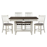 Antique White and Rosy-Brown Counter Height Dining 5pc Set Counter Height Table w Storage Display Shelf 4x Drawers Wine Rack and 4x Counter Height Chairs
