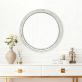 Round Distressed White Wood Beaded Wall Mirror, 23.62" Farmhouse Vintage Accent Mirror for Bathroom, Bedroom, Entryway, Shabby Chic Decorative Mirror