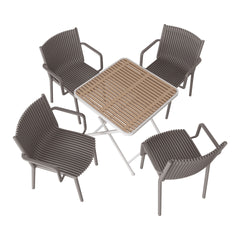 Holiday- 4pcs Warm Grey Stackable PP Armchair for Indoor/Outdoor Use -Ergonomic Slatted Back with Modern folding indoor/outdoor multi-functional square table- PP tabletop with metal legs(White, khaki)