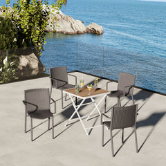 Holiday- 4pcs Warm Grey Stackable PP Armchair for Indoor/Outdoor Use -Ergonomic Slatted Back with Modern folding indoor/outdoor multi-functional square table- PP tabletop with metal legs(White, khaki)