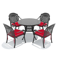 5-Piece Set Of Cast Aluminum Patio Furniture With Black Frame and Red Seat Cushions